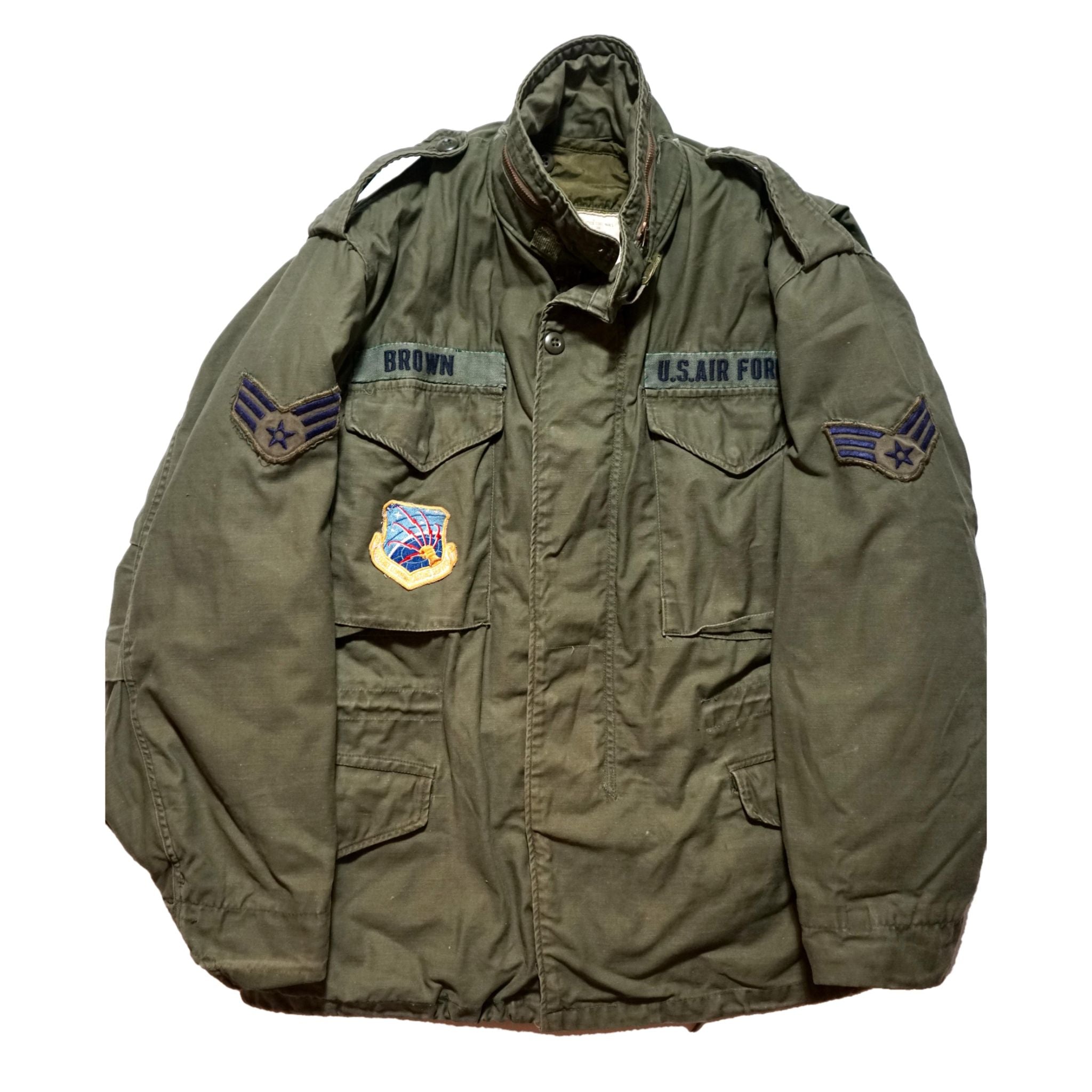 US AF vintage, cold weather retailer military coat with patches